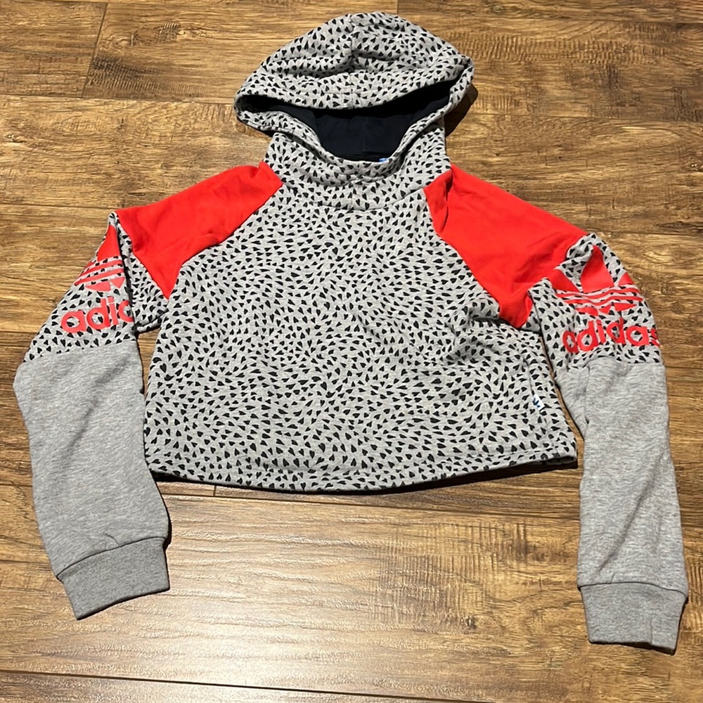 Adidas crop red and grey with heart pattern hoodie